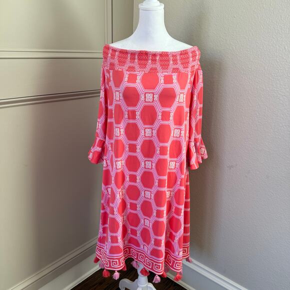 Cabana Life Coral Geo Off Shoulder Dress XL UPF 50+ Resort Beach Cover Up - Picture 2 of 9